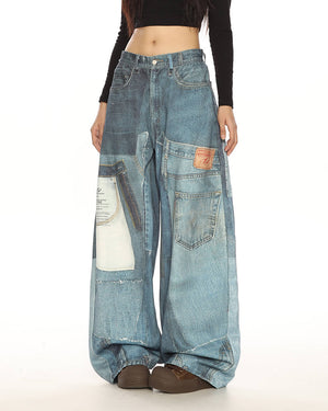 VILZSTUDIOS Stylish graphic panel relaxed denim pants