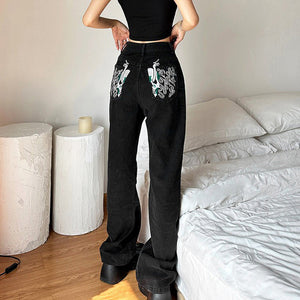 VILZSTUDIOS Graphic skeleton embroidered wide leg jeans