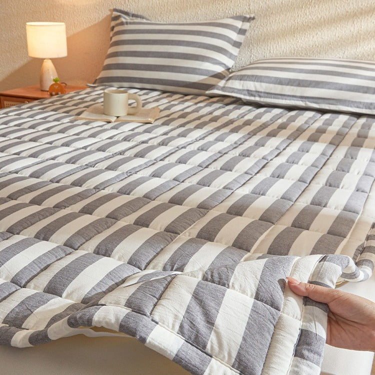 VILZSTUDIOS gray striped mattress pad with rectangular grid quilting and bound edges