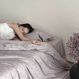 VILZSTUDIOS pale champagne botanical jacquard duvet cover set with embroidered branches and dark green pillowcase bows
