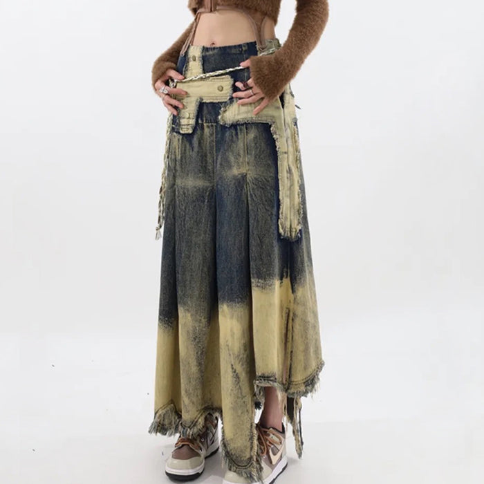 VILZSTUDIOS Washed long denim skirt for streetwear fashion