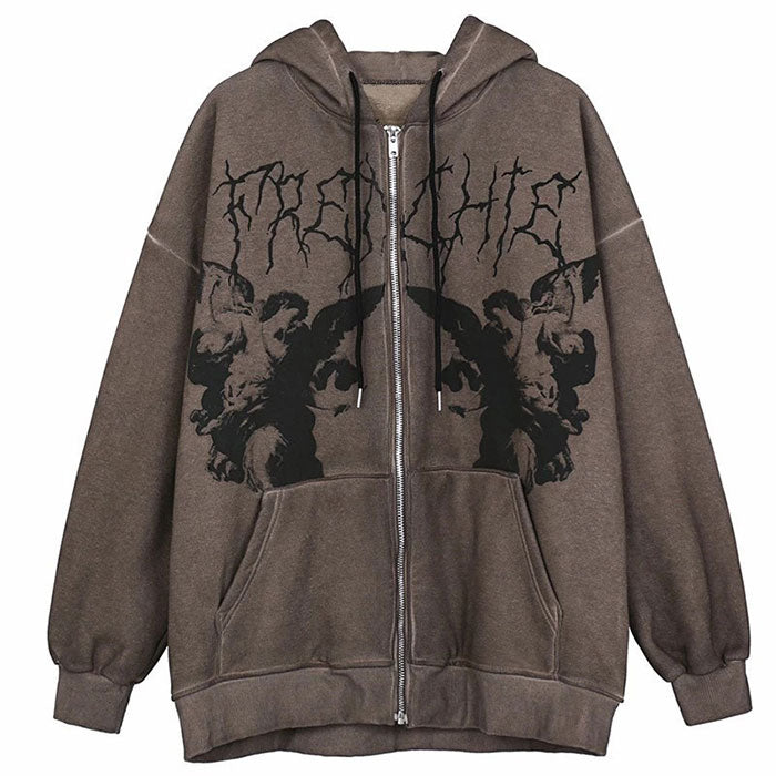VILZSTUDIOS Grunge aesthetic zip-up hoodie with front graphics and pockets