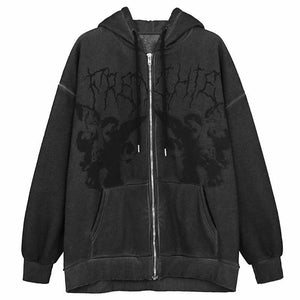 VILZSTUDIOS Grunge aesthetic zip-up hoodie with front graphics and pockets
