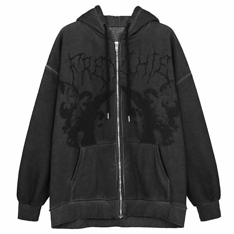 VILZSTUDIOS Grunge aesthetic zip-up hoodie with front graphics and pockets