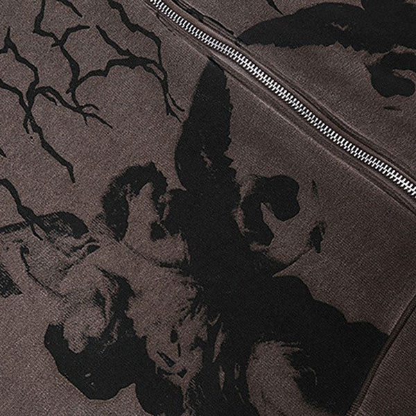 VILZSTUDIOS Grunge aesthetic zip-up hoodie with front graphics and pockets