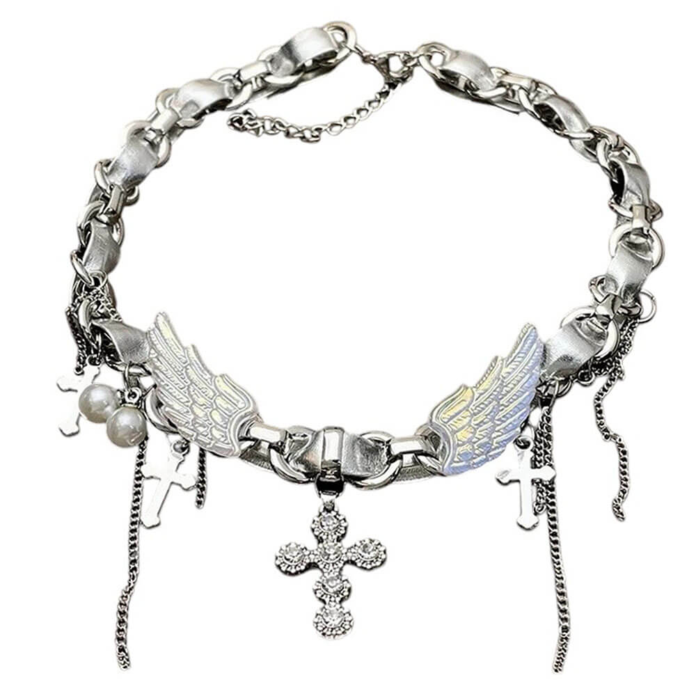 VILZSTUDIOS Stylish silver chain necklace with angel wings and cross pendant