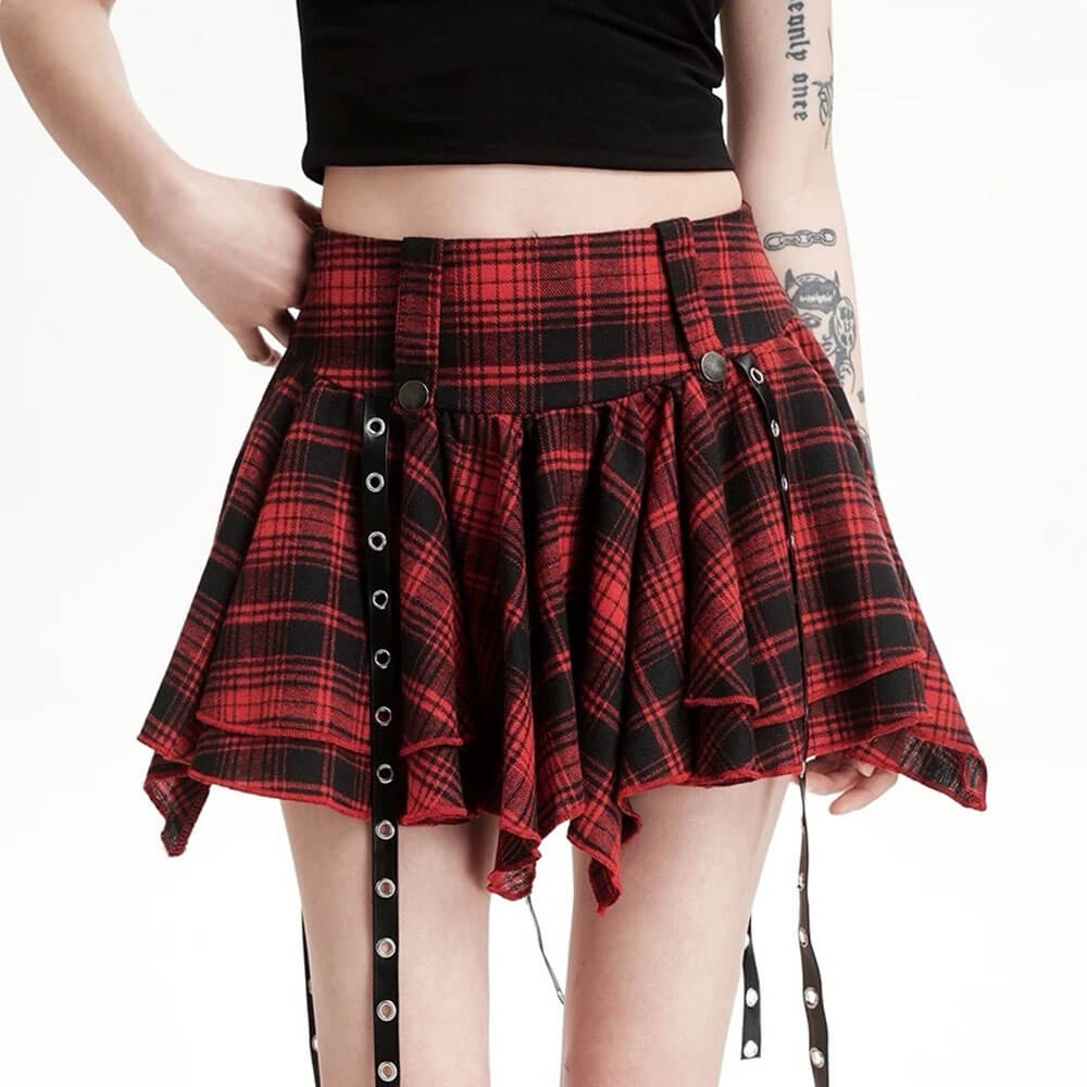 VILZSTUDIOS Asymmetrical plaid skirt in red and black tartan