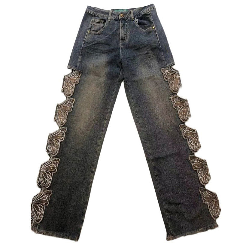 VILZSTUDIOS Stylish butterfly cut out wide leg jeans for streetwear