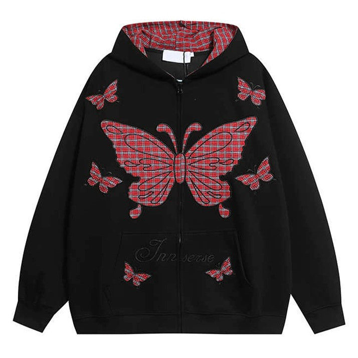 VILZSTUDIOS Grunge butterfly oversized hoodie with plaid accents
