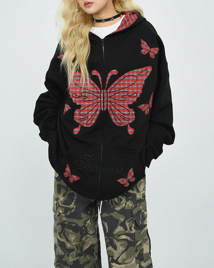 VILZSTUDIOS Grunge butterfly oversized hoodie with plaid accents