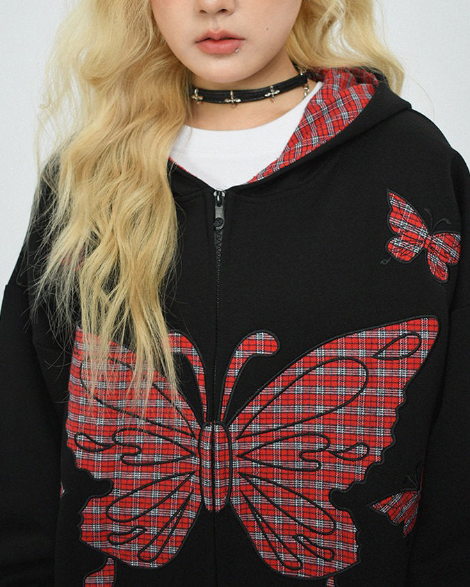 VILZSTUDIOS Grunge butterfly oversized hoodie with plaid accents