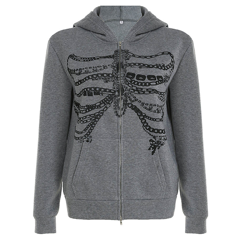 VILZSTUDIOS Grunge-style zip-up hoodie with skeleton and chain print