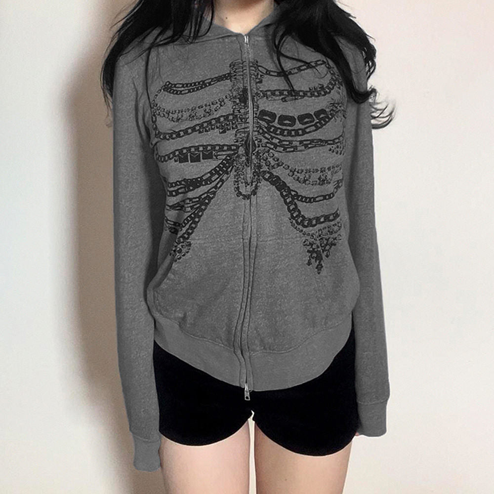 VILZSTUDIOS Grunge-style zip-up hoodie with skeleton and chain print