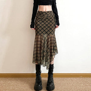 VILZSTUDIOS Asymmetrical mesh skirt with plaid design