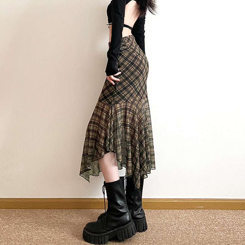 VILZSTUDIOS Asymmetrical mesh skirt with plaid design