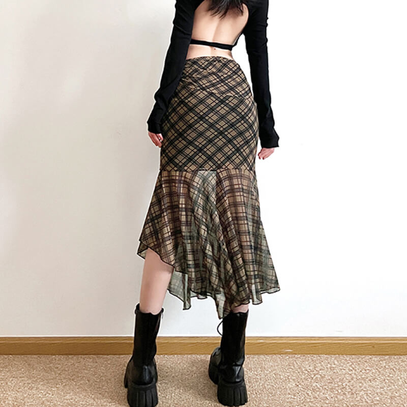 VILZSTUDIOS Asymmetrical mesh skirt with plaid design