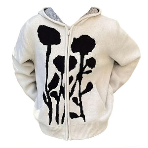 VILZSTUDIOS Knit hoodie with a bold rose design and full zip closure