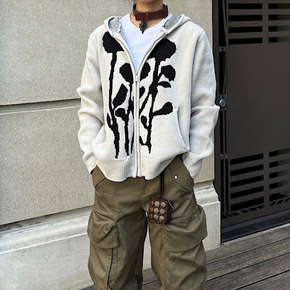 VILZSTUDIOS Knit hoodie with a bold rose design and full zip closure