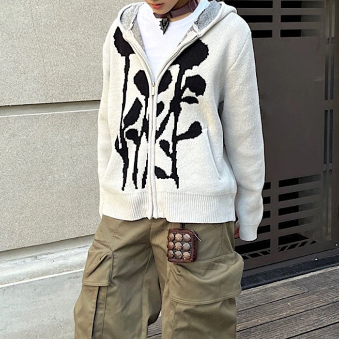 VILZSTUDIOS Knit hoodie with a bold rose design and full zip closure