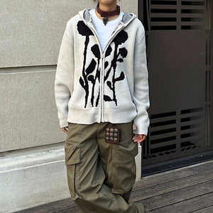VILZSTUDIOS Knit hoodie with a bold rose design and full zip closure