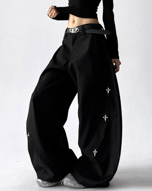 VILZSTUDIOS Grunge inspired trousers with cross pendant design