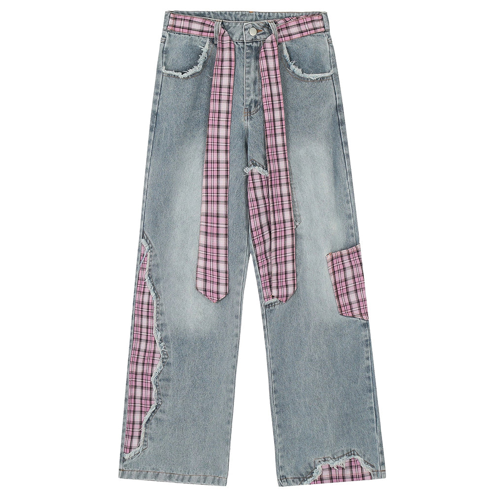 VILZSTUDIOS Plaid patchwork wide-leg jeans from VILZSTUDIOS