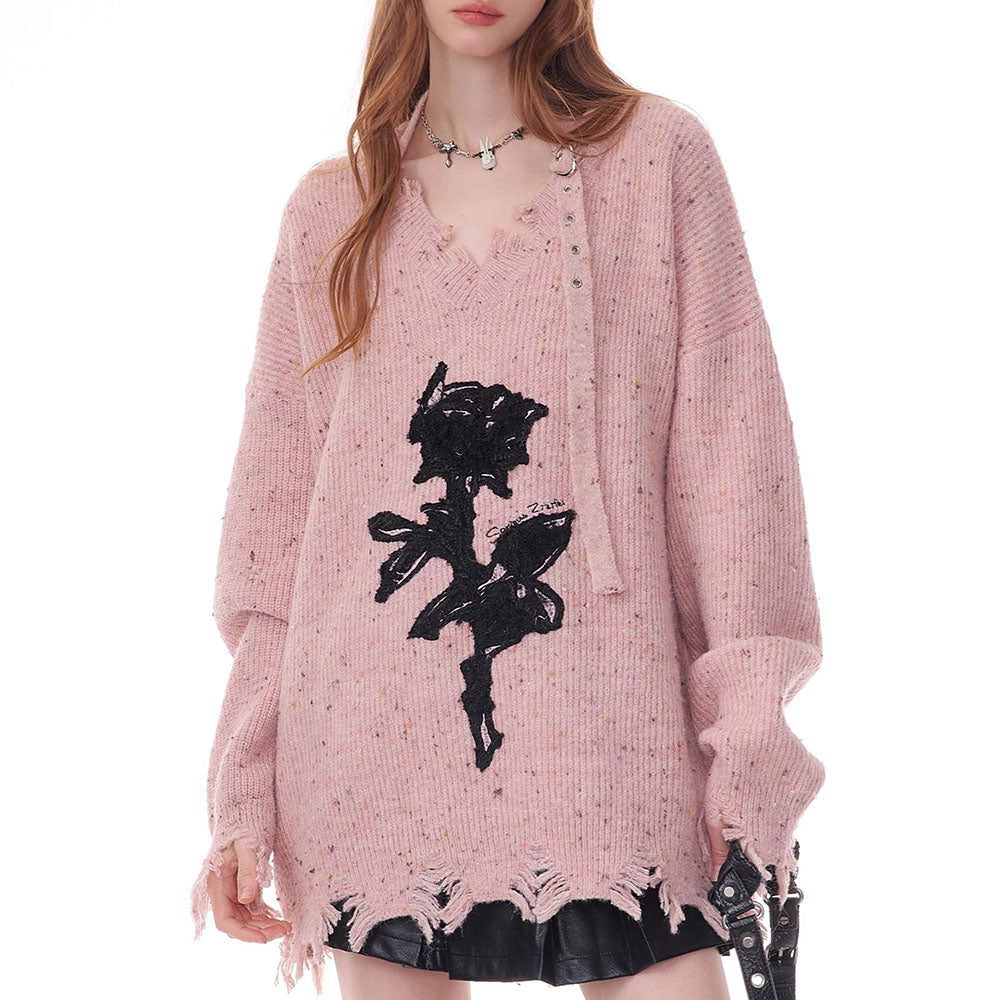 VILZSTUDIOS Grunge rose graphic knit sweater for streetwear fashion