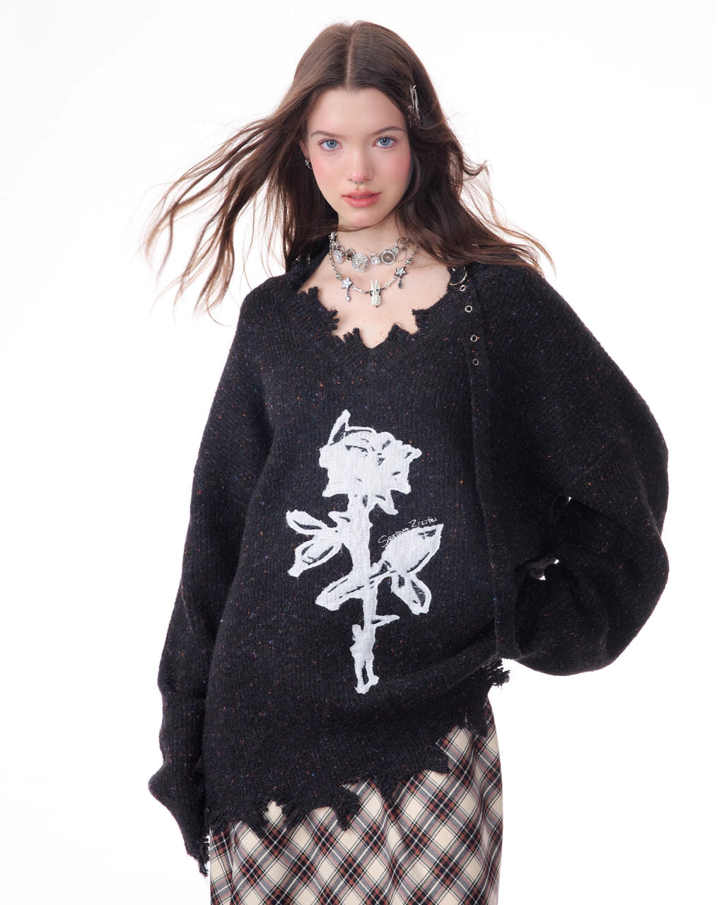 VILZSTUDIOS Grunge rose graphic knit sweater for streetwear fashion