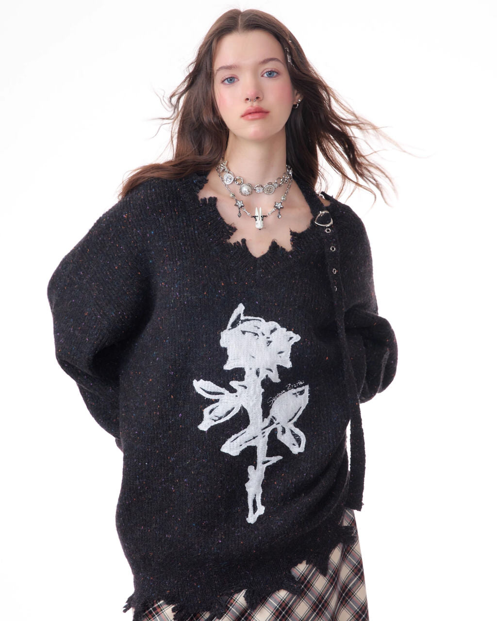 VILZSTUDIOS Grunge rose graphic knit sweater for streetwear fashion