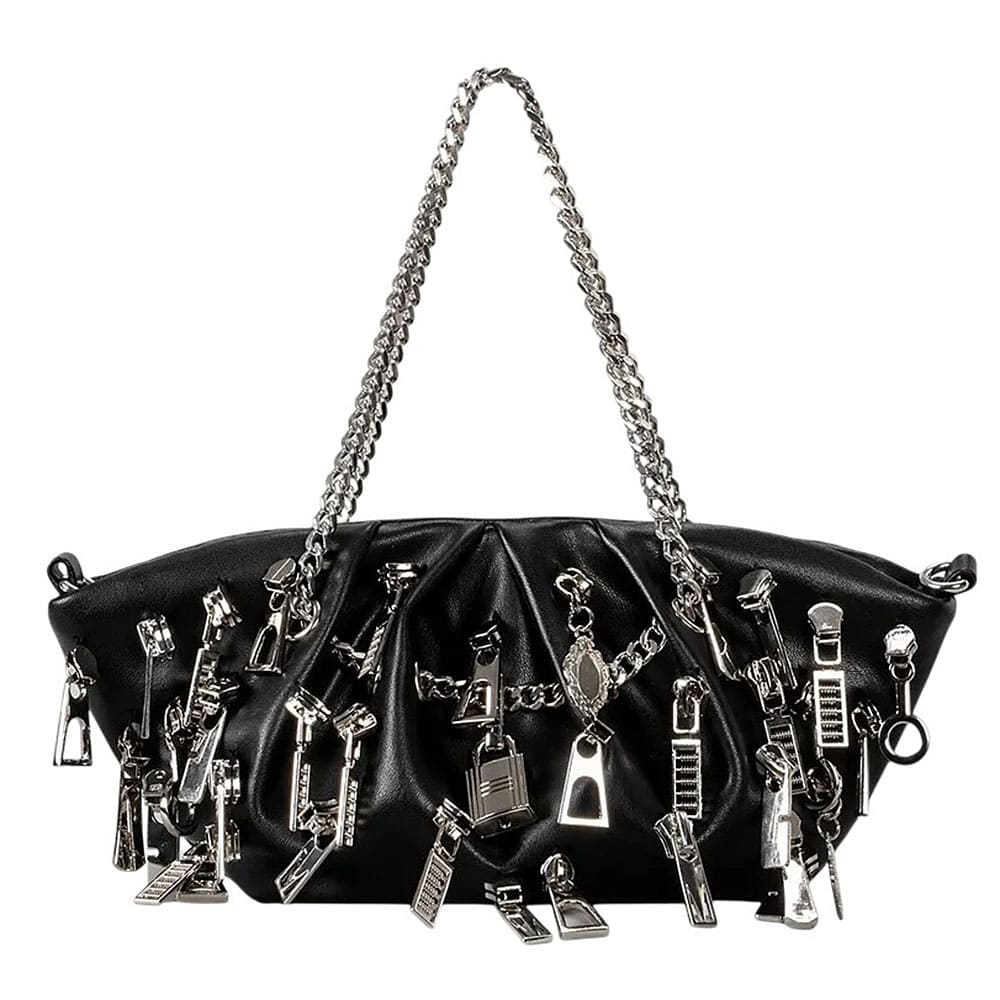 VILZSTUDIOS Grunge ruched chain bag with metallic zipper charms