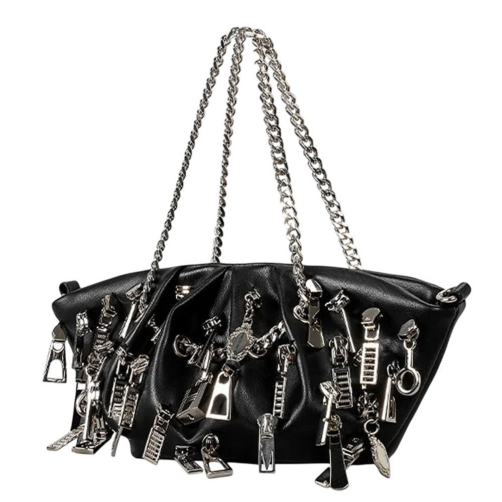 VILZSTUDIOS Grunge ruched chain bag with metallic zipper charms