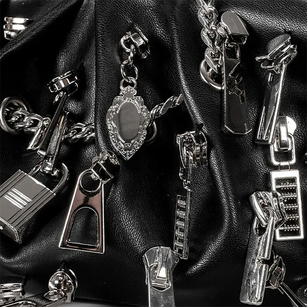 VILZSTUDIOS Grunge ruched chain bag with metallic zipper charms