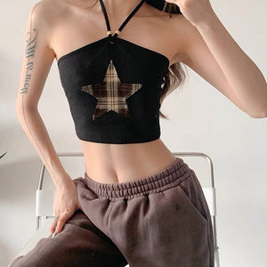 VILZSTUDIOS Fashionable halter crop top featuring a star patch design.