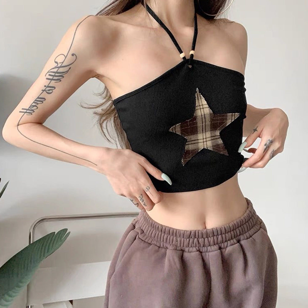 VILZSTUDIOS Fashionable halter crop top featuring a star patch design.
