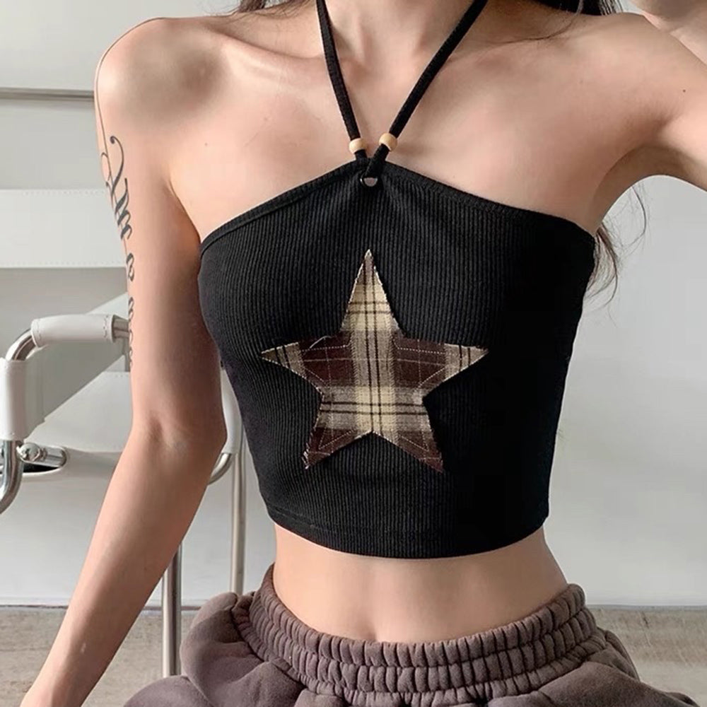 VILZSTUDIOS Fashionable halter crop top featuring a star patch design.