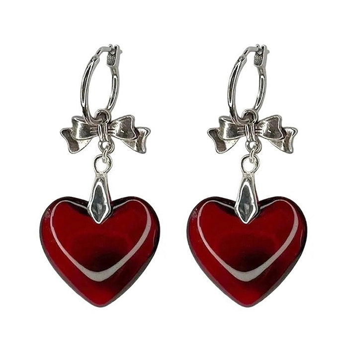 VILZSTUDIOS Trendy heart bow earrings with red stones