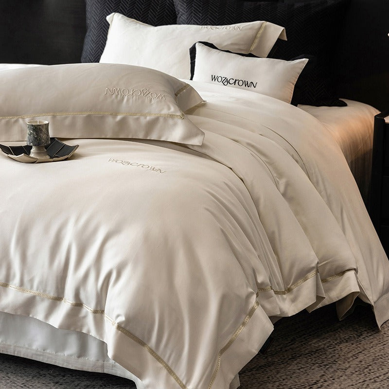 VILZSTUDIOS solid-color satin duvet cover set with wide flanged borders and delicate hemstitch trim