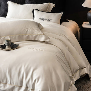 VILZSTUDIOS solid-color satin duvet cover set with wide flanged borders and delicate hemstitch trim