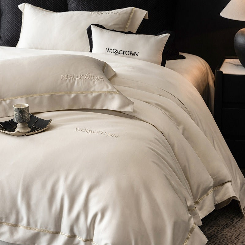 VILZSTUDIOS solid-color satin duvet cover set with wide flanged borders and delicate hemstitch trim
