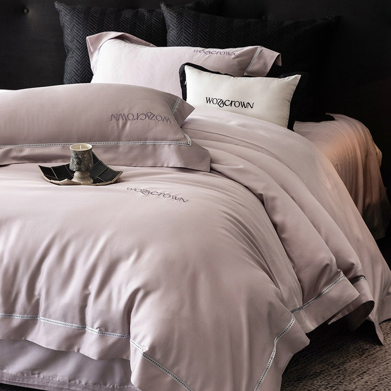 VILZSTUDIOS solid-color satin duvet cover set with wide flanged borders and delicate hemstitch trim