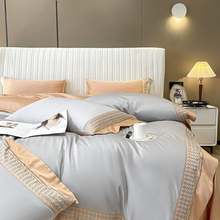 VILZSTUDIOS peach and cream satin duvet cover set with textured houndstooth borders and wide flanged edges