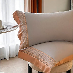 VILZSTUDIOS peach and cream satin duvet cover set with textured houndstooth borders and wide flanged edges