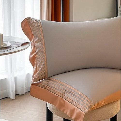 VILZSTUDIOS peach and cream satin duvet cover set with textured houndstooth borders and wide flanged edges