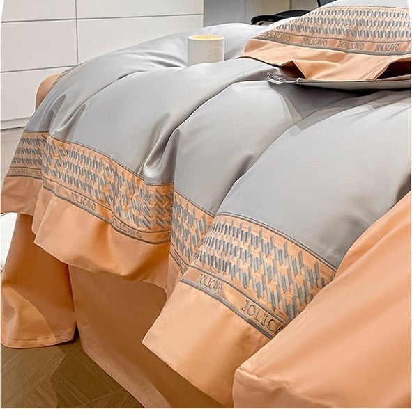 VILZSTUDIOS peach and cream satin duvet cover set with textured houndstooth borders and wide flanged edges