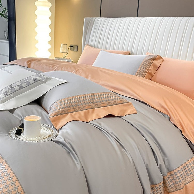 VILZSTUDIOS peach and cream satin duvet cover set with textured houndstooth borders and wide flanged edges