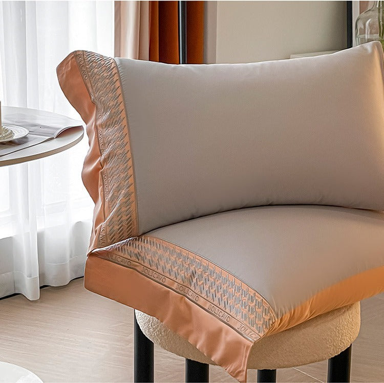 VILZSTUDIOS peach and cream satin duvet cover set with textured houndstooth borders and wide flanged edges
