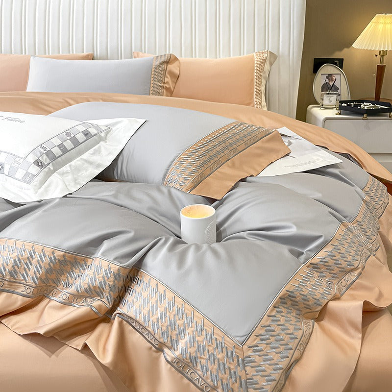VILZSTUDIOS peach and cream satin duvet cover set with textured houndstooth borders and wide flanged edges