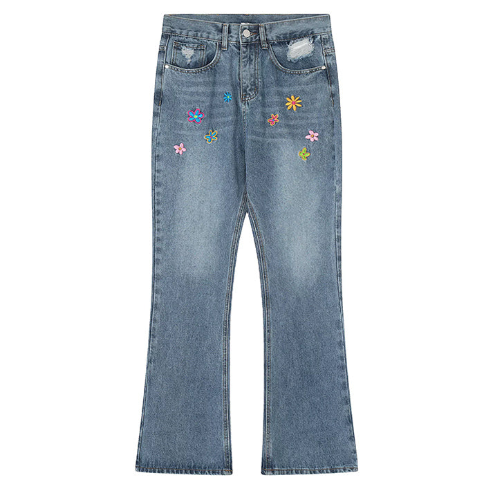 VILZSTUDIOS Floral stitch denim jeans for streetwear fashion