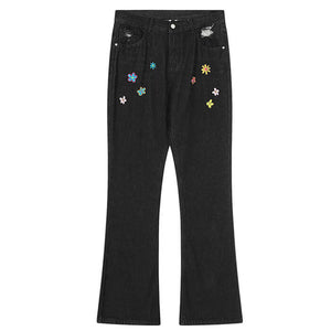 VILZSTUDIOS Floral stitch denim jeans for streetwear fashion