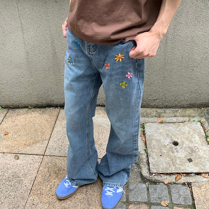 VILZSTUDIOS Floral stitch denim jeans for streetwear fashion